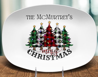 Personalized Christmas Holiday Platter, Custom Christmas Dish, Buffalo Plaid Christmas Tree Platter, Hostess Gift For Christmas