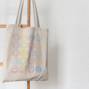 Smiley Face Canvas Tote Bag, Retro Tote, Reusable Tote, Eco Friendly Bag, VSCO Girl Tote, Aesthetic, Trendy Tote Bag