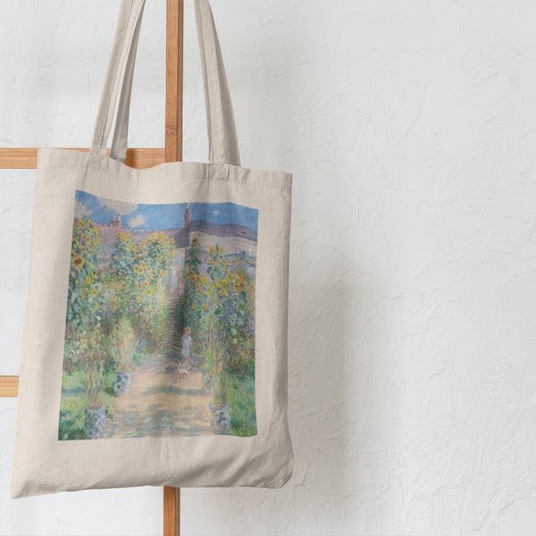 Monet, canvas draagtas The Artists Garden, beroemde vintage kunstprint, trendy draagtas, esthetisch impressionist, milieuvriendelijke tas