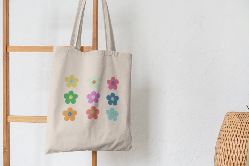 Retro Flower Canvas Tote, Aesthetic Tote Bag, Daisy Canvas Tote Bag Aesthetic, Custom Tote, Urban Tote, Reusable Shopping Bag image 1