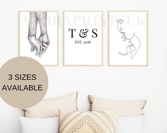 Set of 3 bedroom prints, prints for couples, personalised bedroom print, home decor, couples gift, housewarming gift