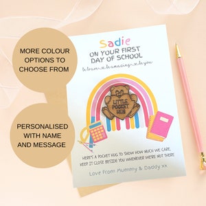 Câlin de poche premier jour d'école personnalisé, petit câlin de poche, nouvelle carte d'école, cadeau de câlin de poche