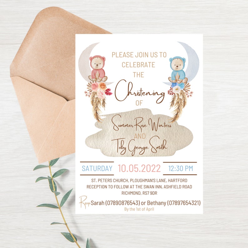 Boho Theme Christening Invitations Joint Christening Twins Etsy UK