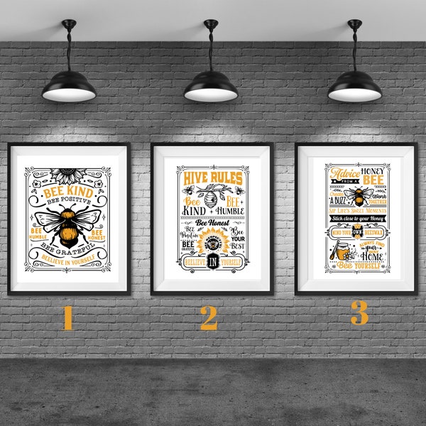 Bee happy print, Bee print, Bumble Bee, Mustard/orange and black decor, wall decor, kitchen decor, lounge prints, Be yourself