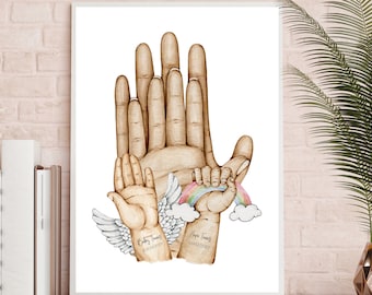 May include: A watercolor illustration of two sets of hands, one large and one small, with a rainbow and clouds. The larger hands are labeled "Hope Thomas 03/22/2022" and the smaller hands are labeled "Baby Thomas 2/08/2021".