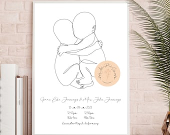 Personalised twins print, gift for new twin mum, birth detail print, line drawing, baby gift