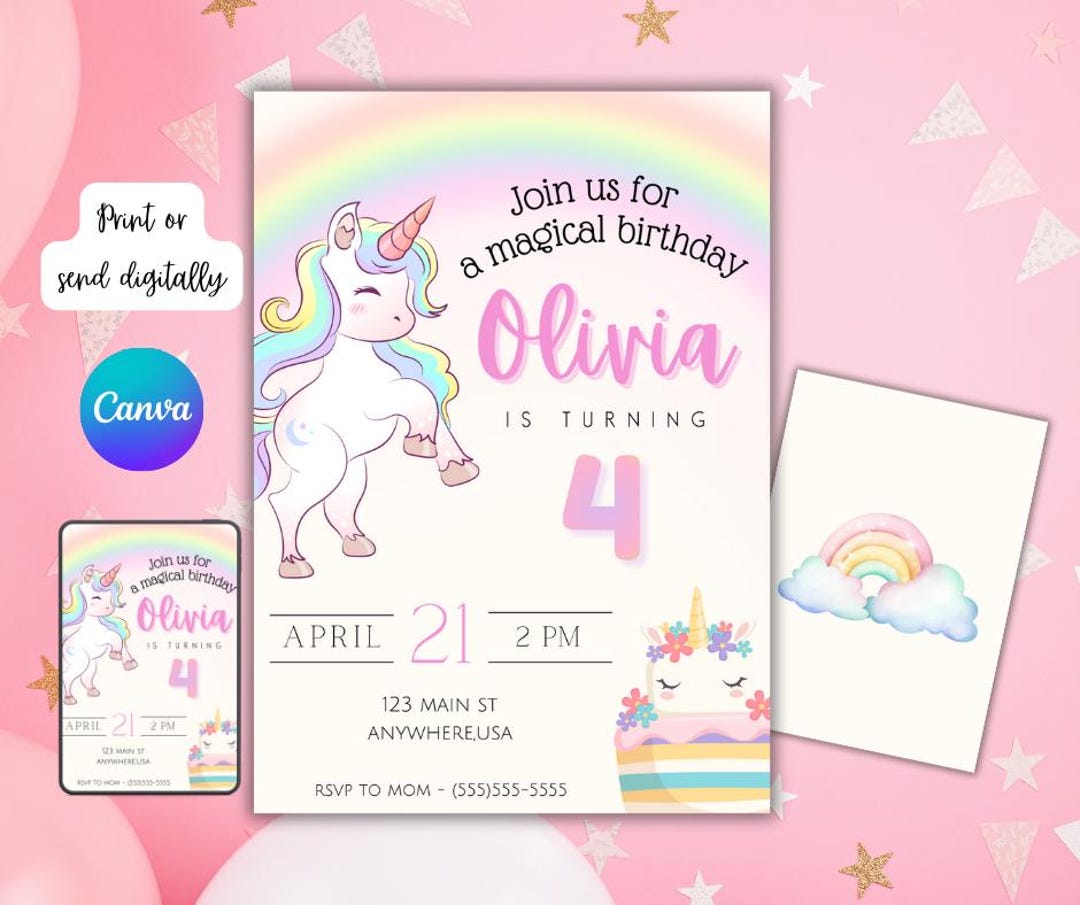 Unicorn Birthday Invitation Template | Editable Template - Etsy