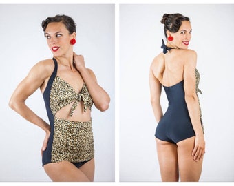 Vintage 1940s 1950s Style Leopard Print “Anita” One Piece Swimsuit - size S, M