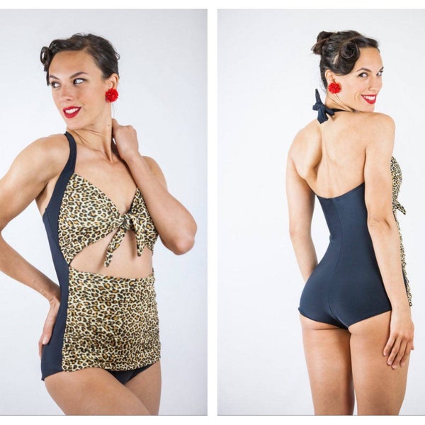 Vintage 1940s 1950s Style Leopard Print “Anita” One Piece Swimsuit - size S, M
