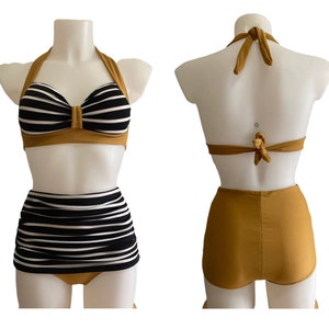 Vintage 1940s 1950s Style Yellow and black and white stripes “Marilyn” Bikini Swimsuit - size XS,S, M,L