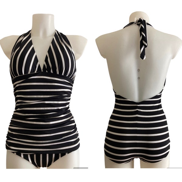 Vintage 1940s 1950s Style Black and Stripes White and Gold "Grace" One Piece Swimsuit - size XS, S, M, L