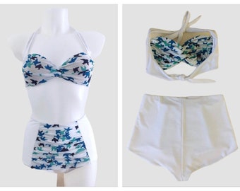 Vintage 1940s 1950s Style White and Swallows Print “Vittoria” Bikini Swimsuit - size S,M