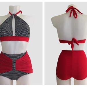 Vintage 1940s 1950s Style Red and Striped Motif “Esther” Bikini Swimsuit - size XS,S,M,L