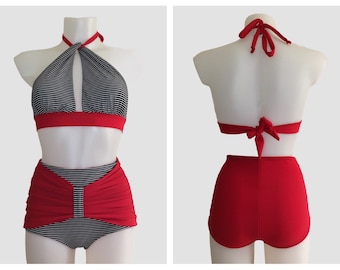 Vintage 1940s 1950s Style Red and Striped Motif “Esther” Bikini Swimsuit - size XS,S,M,L