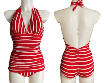 Vintage 1940s 1950s Style Red and Stripes White and Gold "Grace" One Piece Swimsuit - size XS, S, M, L