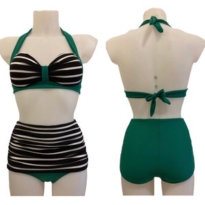 Vintage 1940s 1950s Style Green and black and white stripes “Marilyn” Bikini Swimsuit - size XS,S, M,L