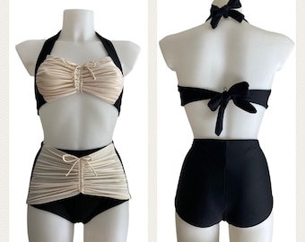 Vintage 1940s 1950s Estilo Blanco y Negro "Judy" Bikini Traje de Baño - XS,S, M,L