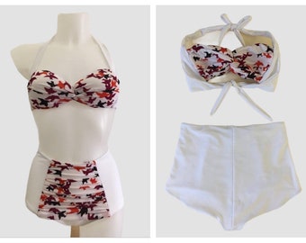 Vintage 1940s 1950s Style White and Swallows Print “Vittoria” Bikini Swimsuit - size XS,S, M,L