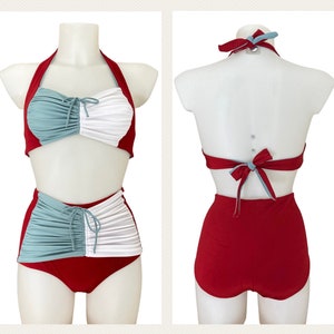 Vintage 1940s 1950s Style Bordeaux, White and Water green "Judy" Bikini Swimsuit - size XS,S, M,L