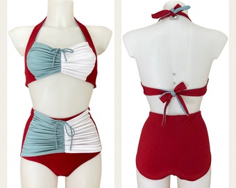 Vintage 1940er 1950er Jahre Stil Bordeaux, Weiß und Wassergrün „Judy“ Bikini Badeanzug – Größe XS,S, M,L