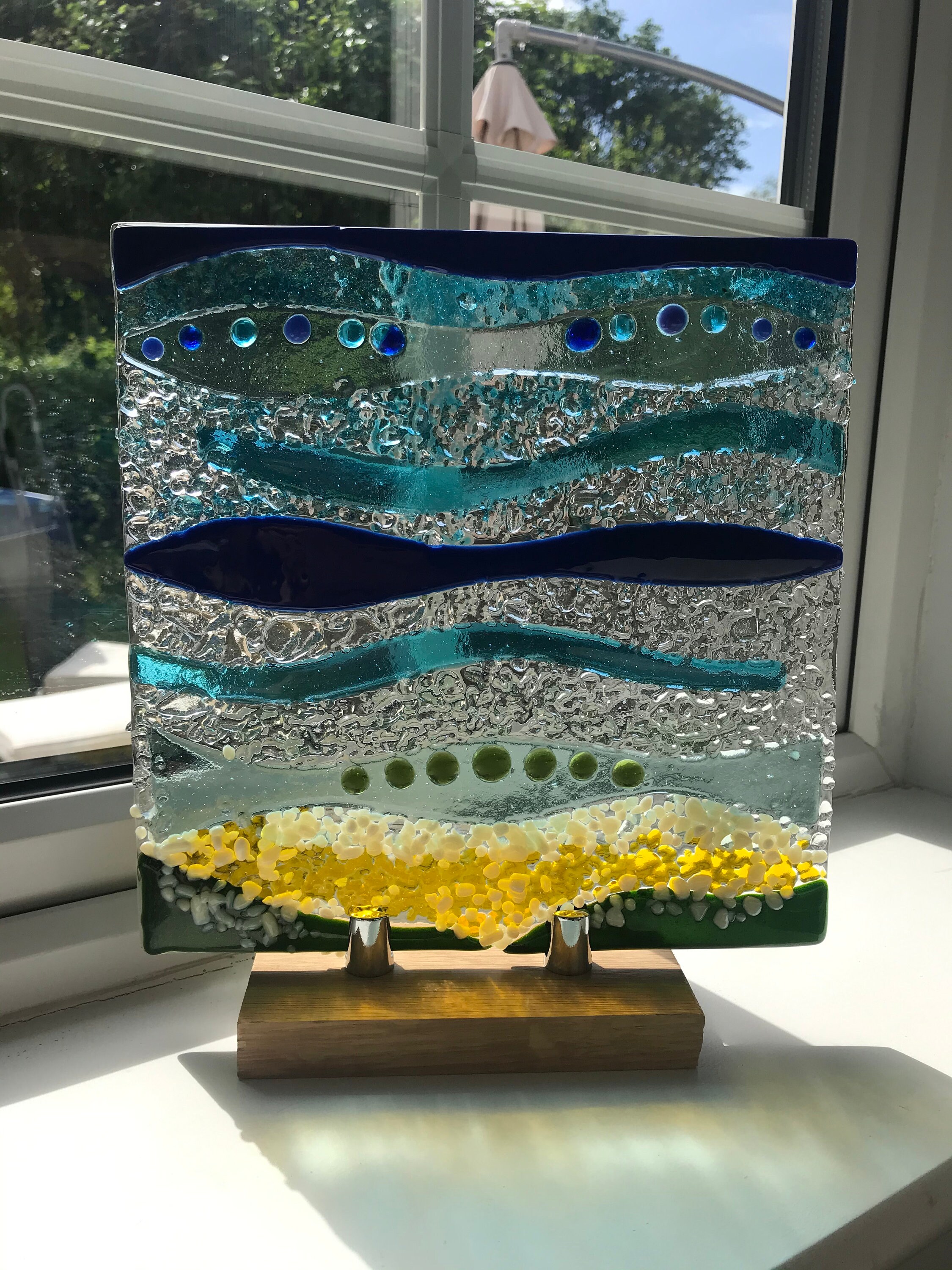 Fused Glass Seascape and Coast Art Freestanding With Wooden Stand Etsy UK
