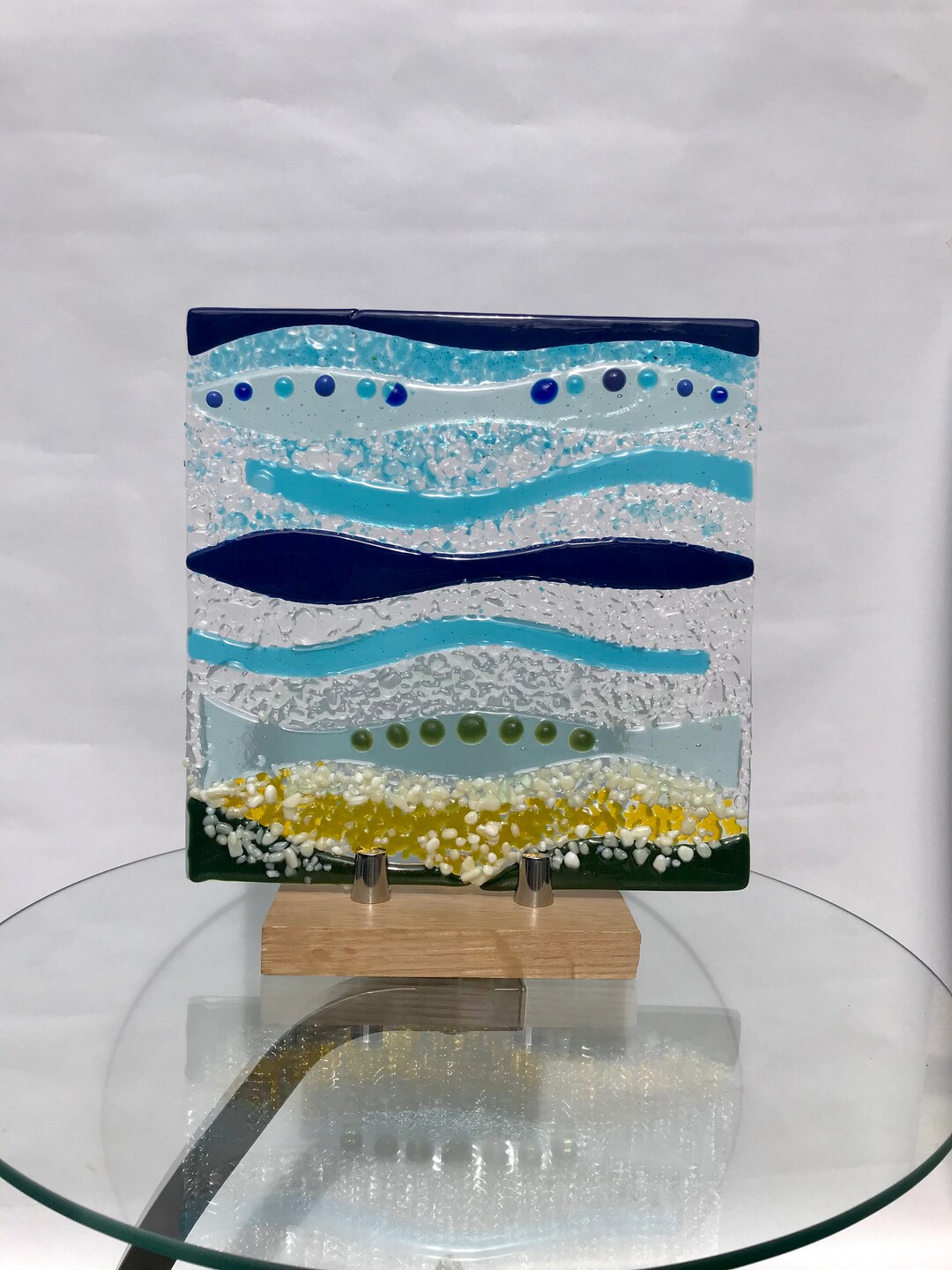 Fused Glass Seascape and Coast Art Freestanding With Wooden Stand Etsy UK