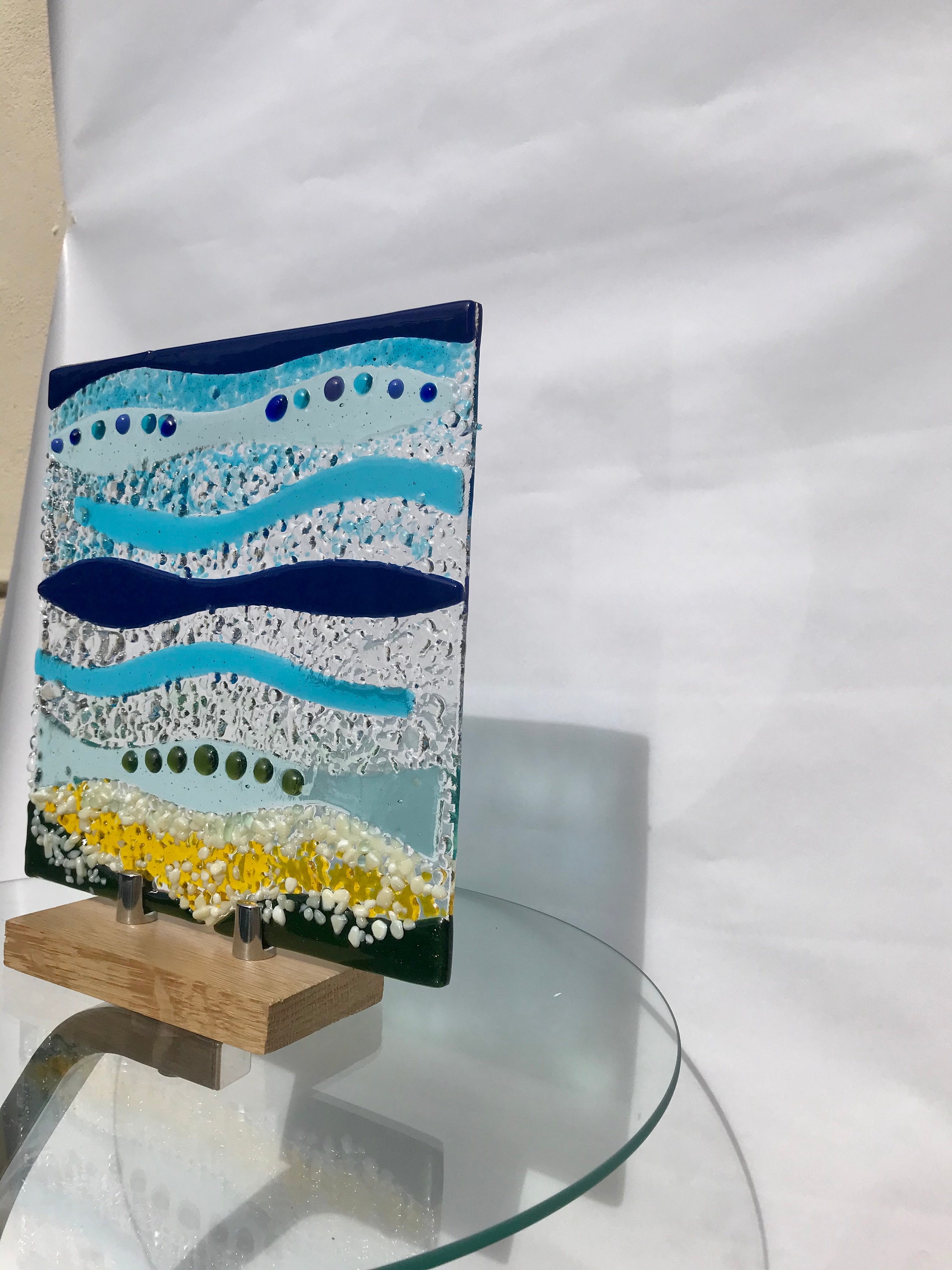 Fused Glass Seascape and Coast Art Freestanding With Wooden Stand Etsy UK