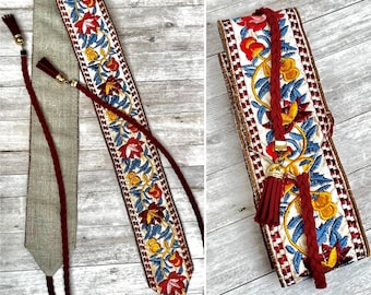 Boho belt met striklinten geborduurde riem met kwasten voor folklore jurk handgemaakte riem met borduursel in bohemian style