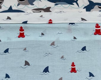 Happy Sharks Single Ovrsized  Pillowcase,20x30.5 in,shades of blue,  gray ,white,red, pillow pocket, finished seams, fins ,buoy, blue back