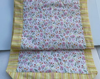 Ditsy Floral Spring Easter Table Runner,61x14 in,Paddedand quilted , Coordinating prints , multi color and pattern, Yellow, white ,floral