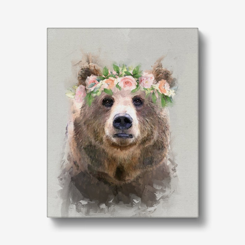 Bear Flower Crown Spring Bombing free shipping new work Canvas Art Decorativ Artwork Nature Colorful