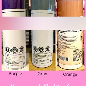 May include: Three stainless steel tumblers with different colored wraps. The tumblers are purple, gray, and orange. Each tumbler has a label with the text "Keep out of reach of children, Caution" and "Contains 60/65/160 wipes".