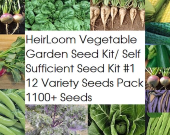 May include: A collage of 12 different heirloom vegetable seeds, including radishes, peas, spinach, kale, cabbage, corn, cucumbers, zucchini, and beans. The image includes the text "Heirloom Vegetable Garden Seed Kit/ Self Sufficient Seed Kit #1 12 Variety Seeds Pack 1100+ Seeds".