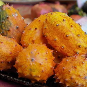 May include: A close-up of a group of kiwano melons, also known as horned melons, with a spiky, orange-yellow rind. The melons are arranged in a pile on a dark surface.