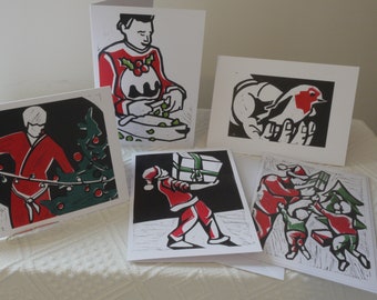 Pack 5 Unique Christmas Cards - linocut designs