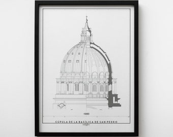 Dome of ST. PETER&#39;S BASILICA Print / Architectural Blueprint Poster – Renaissance - Architectural Drawing - Interior Design