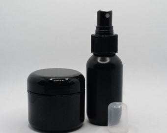 Travel Size 2.5 oz Black Plastic Jar Lid & Bottle With Spray Mister and Top