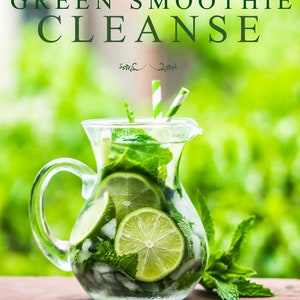 Può includere: Una brocca di vetro trasparente piena di frullato verde, fette di lime e foglie di menta. Il testo recita "10 GIORNI DI DETOX CON FRULLATI VERDI". Il testo in basso dice "Inizia la tua perdita di peso, aumenta il tuo livello di energia, schiarisci la mente e migliora la tua salute generale."