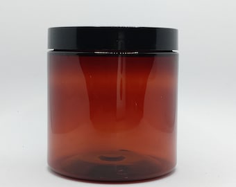 8oz Amber Plastic Jar / Black Smooth or Ribbed Lid Buy (3) 12 packs. Get (1) 12 Pack Free