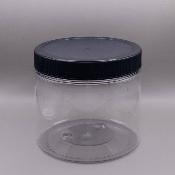 16oz Clear Plastic Jar with 89mm Black Ribbed Lid and Liner- 3 pack 6 pack 12 pack 50 pack