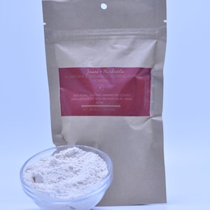 May include: A brown paper pouch with a label that reads "Jason Michaelia All Natural & Organic Colloidal Oatmeal Powder Anti-aging, Anti-inflammatory, Gentle Exfoliation, Skin Reliever, Helps Treat Acne Net Wt 4 oz (113.2 g)". A white powder is in a clear glass bowl.