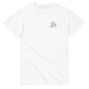 May include: White t-shirt with the text "FCK AFD" in a stylized, cursive font on the upper chest. The shirt is made of a smooth, opaque fabric and has short sleeves and a crew neck.