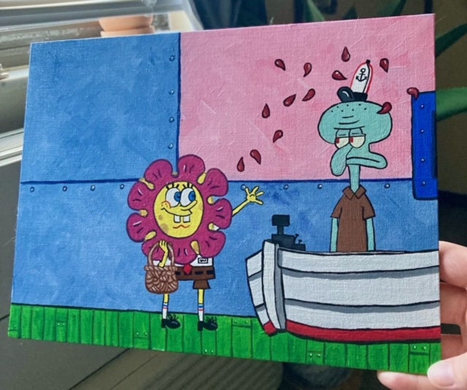 Spongebob Flower Head and Squidward Krusty Krab Painting Etsy
