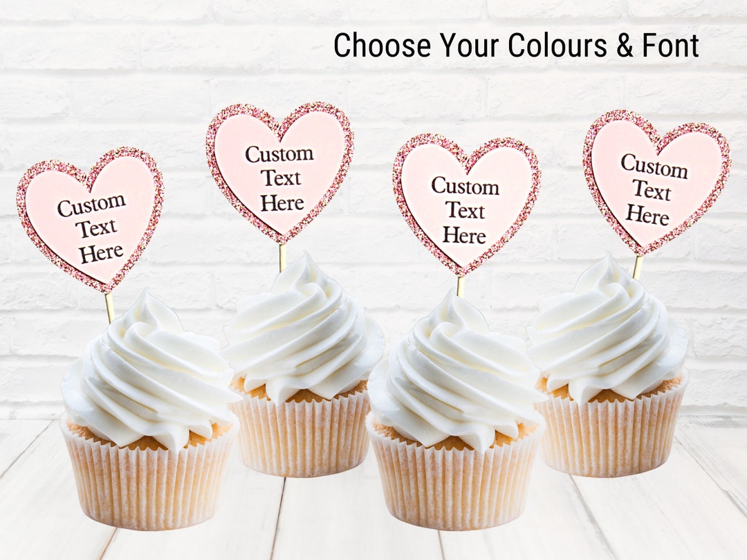 Custom Text Glitter Heart Toppers, Personalised Double Layer Cupcake