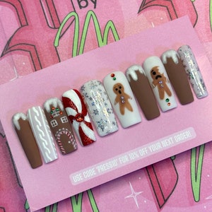 GINGERBREAD BABY Set Holiday Nails Luxury Press On Nails Glue On Nails Press On Nails Fake Nails Gingerbread Nails Red and White image 1