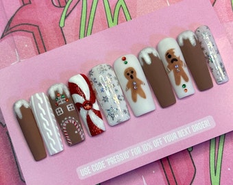 GINGERBREAD BABY Set | Holiday Nails | Luxury Press On Nails | Glue On Nails |Press On Nails |Fake Nails | Gingerbread Nails | Red and White