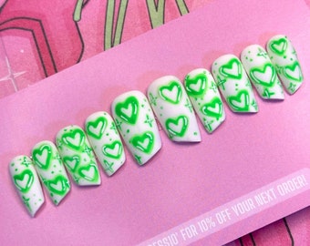 Neon Love | Luxury Press On Nails | Glue On Nails | Press On Nails | Fake Nails | Custom Nails | Neon Nail Set | Heart Nails | Handpainted