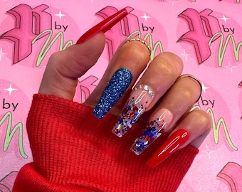PATRIOTIC GLITTER Set | Fourth of July Nails | Luxury Press On Nails | Glue On Nails | Press On Nails | Fake Nails | Red Nails | Blue