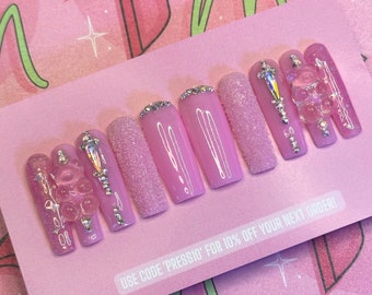 PINK GUMMY | Luxury Press On Nails | Glue On Nails | Press On Nails | Fake Nails | Gummy Bear Nails | Pink Gummy Bear | Pink Nails | Pink