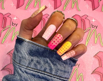 PINK POLKADOT FRENCH | Luxury Press On Nails | Glue On Nails | Press On Nails | Fake Nails  Polka Dot Nails | French Tip Nails |Summer Nails